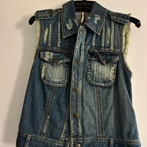 Free People Blue Denim Vest with Crochet Back size small